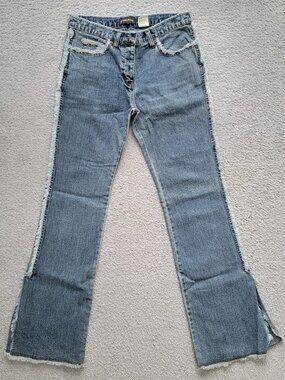 Y2K Vintage Armor Jeans Frayed Fringe Flare Side Slit Denim Size 7/8